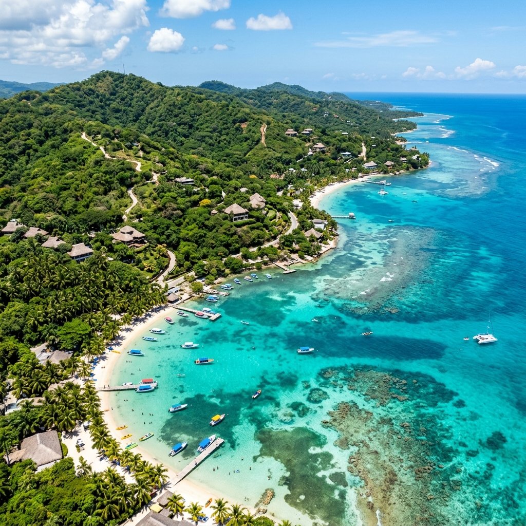 Lush green coastline of Roatán island